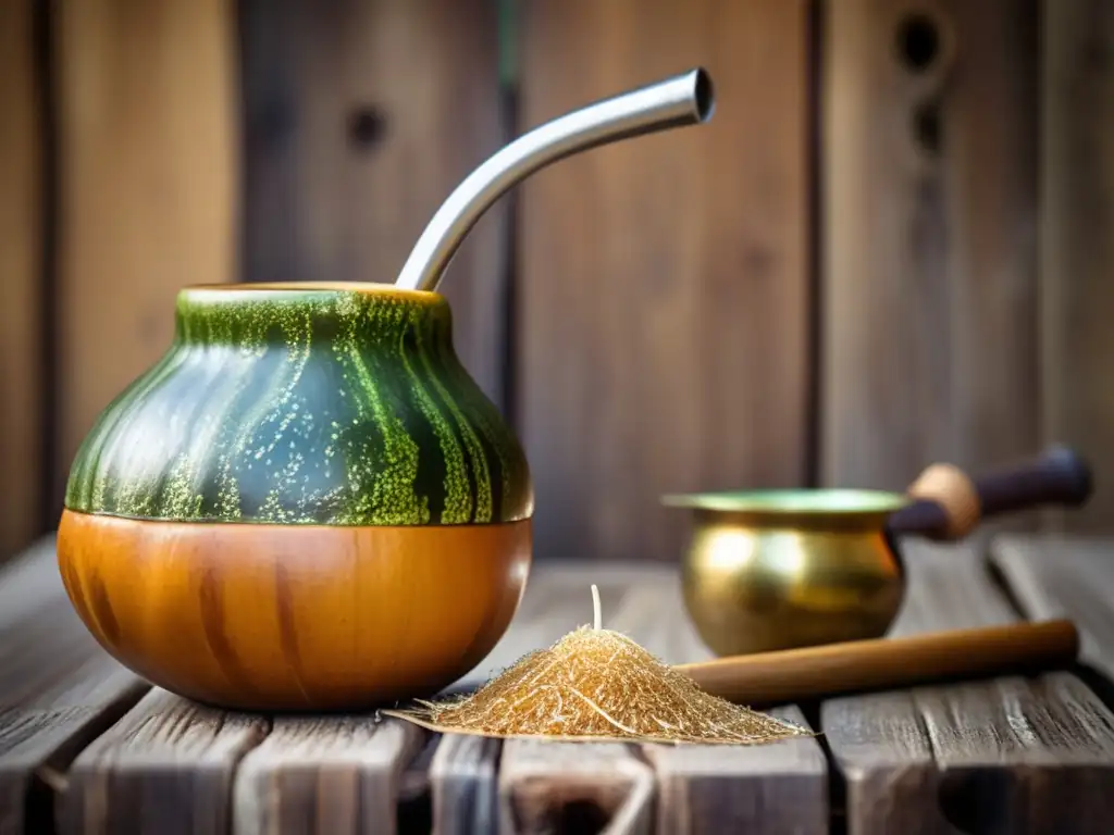 Interacciones medicamentosas con mate en imagen de mate tradicional y bombilla sobre fondo de madera rústica