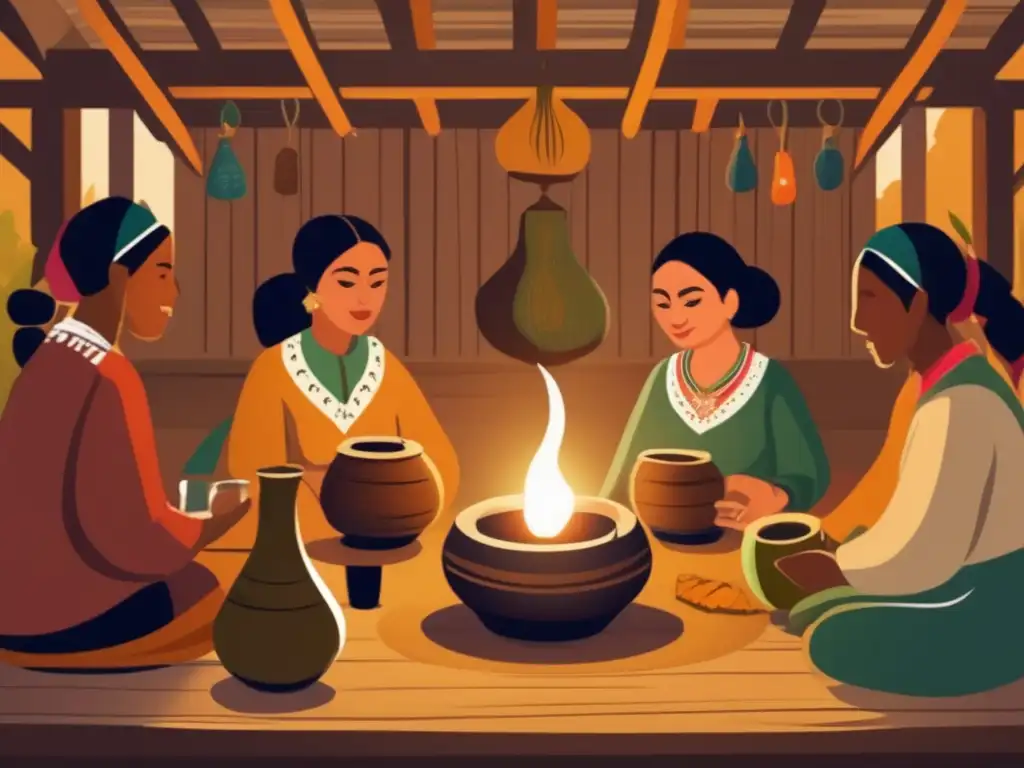 Internacionalización del mate rioplatense: una ilustración vintage muestra una escena tradicional de mate con personas de diferentes culturas compartiendo esta infusión en un ambiente acogedor y rústico