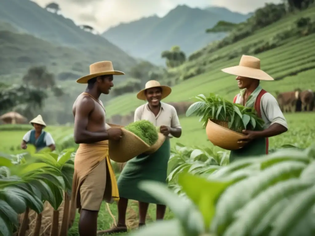 Jóvenes agricultores cultivando yerba mate en un hermoso paisaje tradicional