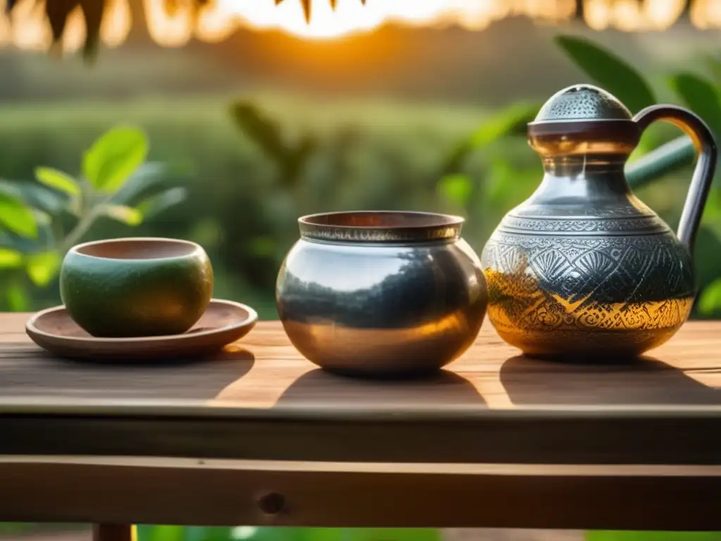 Jóvenes agricultores cultivando yerba mate en una plantación rústica con mesa de madera y mate tradicional