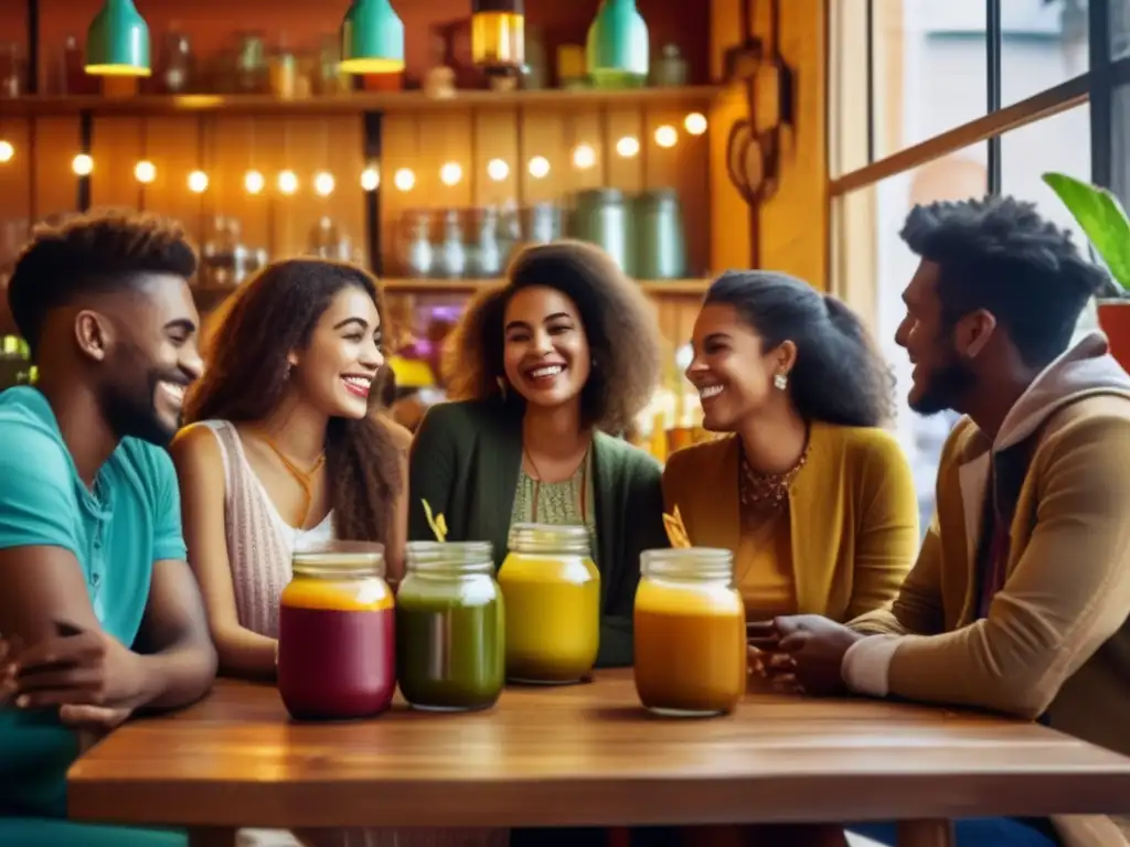 Café con jóvenes disfrutando yerba mate saborizada, reflejando creciente popularidad y ambiente acogedor