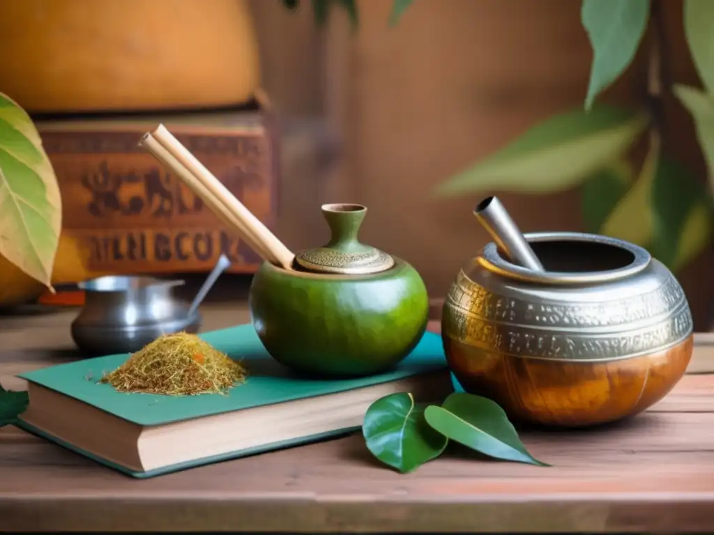 Tradición del mate en América Latina: escena vintage con mesa de madera, mate, bombilla, libro y pintura antigua