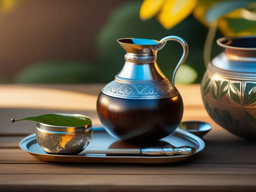 Leyendas del mate en la región rioplatense: mesa de madera antigua con set de mate y decoración vintage