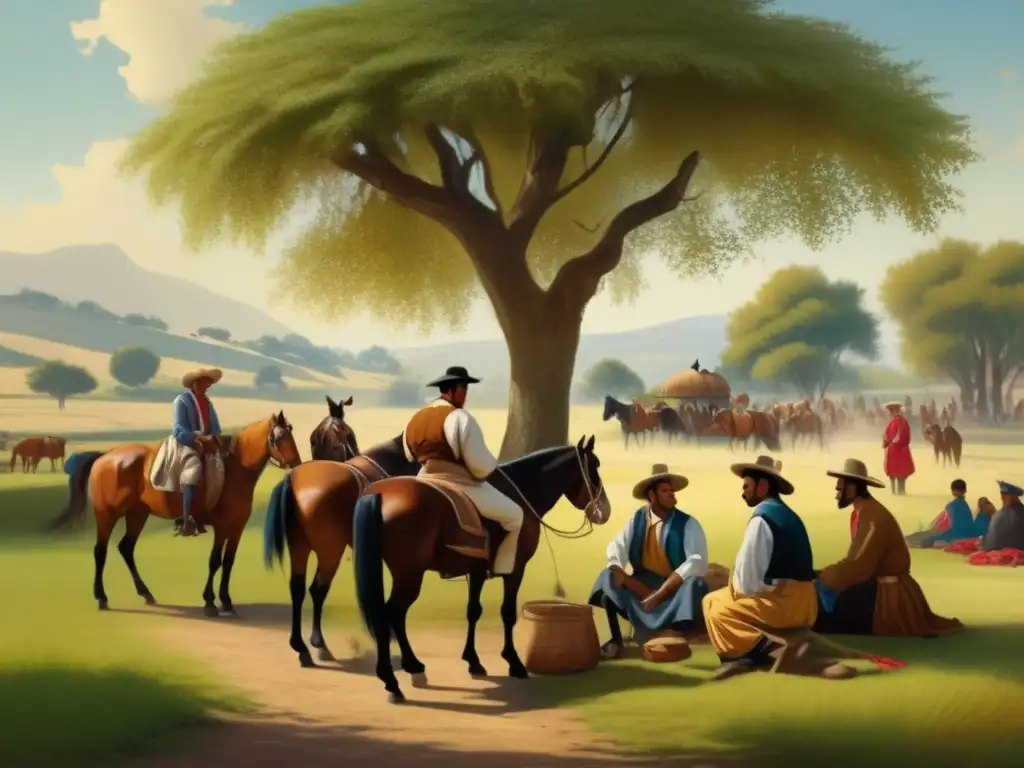 Leyendas del mate en la región rioplatense: Pintura vintage de gauchos disfrutando mate bajo un árbol