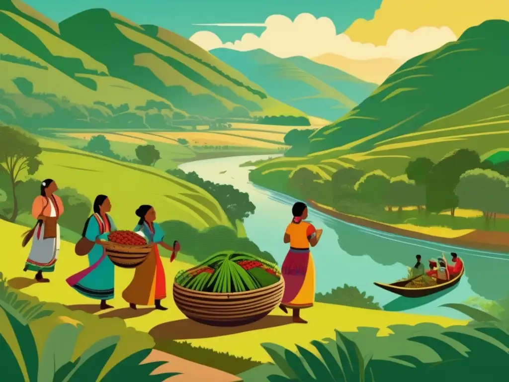 Llegada del mate: descubrimiento y tradición Ilustración vintage de la llegada de la yerba mate a la región