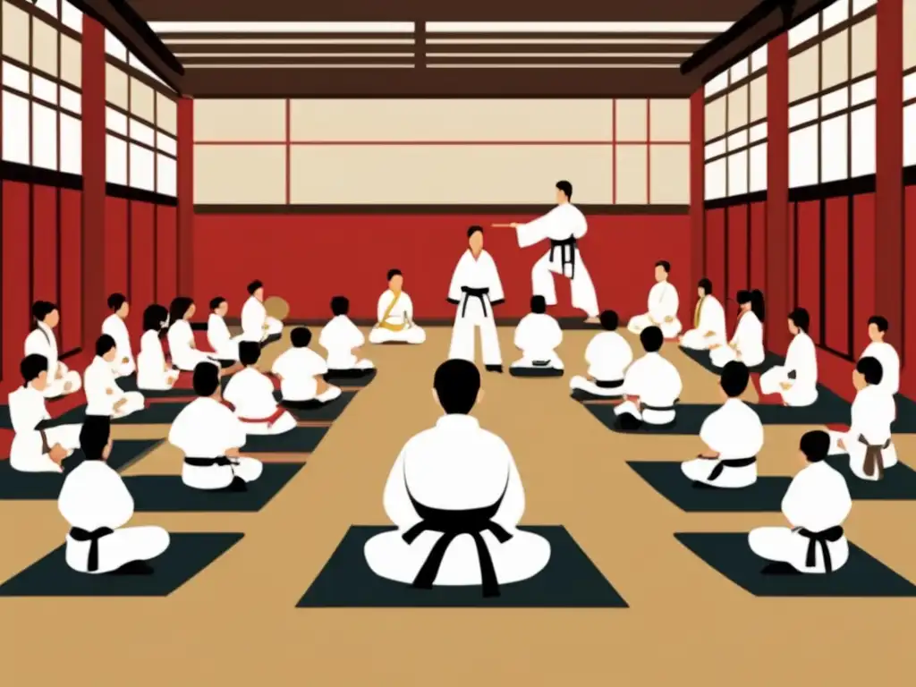 Maestro y estudiantes en un dojo con decoración japonesa, practicando artes marciales y disfrutando de mate