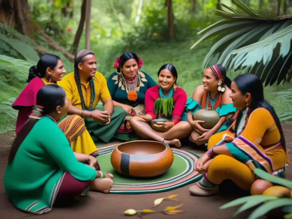 Maestros del mate en la región rioplatense, imagen de indígenas reunidos en un bosque verde con cerámica y mates tradicionales