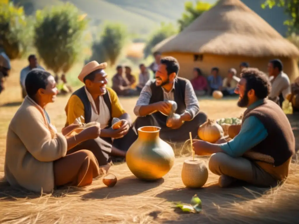 Manejo de residuos en producción de mate: Reunión tradicional rioplatense con mates, conversaciones y patrones en mantas