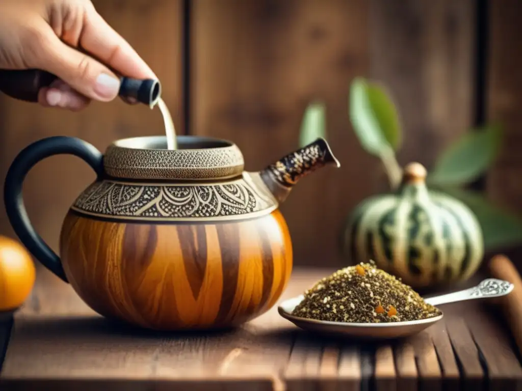 Mano sosteniendo mate tradicional con bombilla y hojas de yerba mate, beneficios para sistema inmunológico