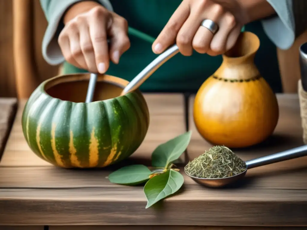 Ilustración vintage de manos sosteniendo mate tradicional en mesa de madera - Diferencias entre mate dulce y tradicional