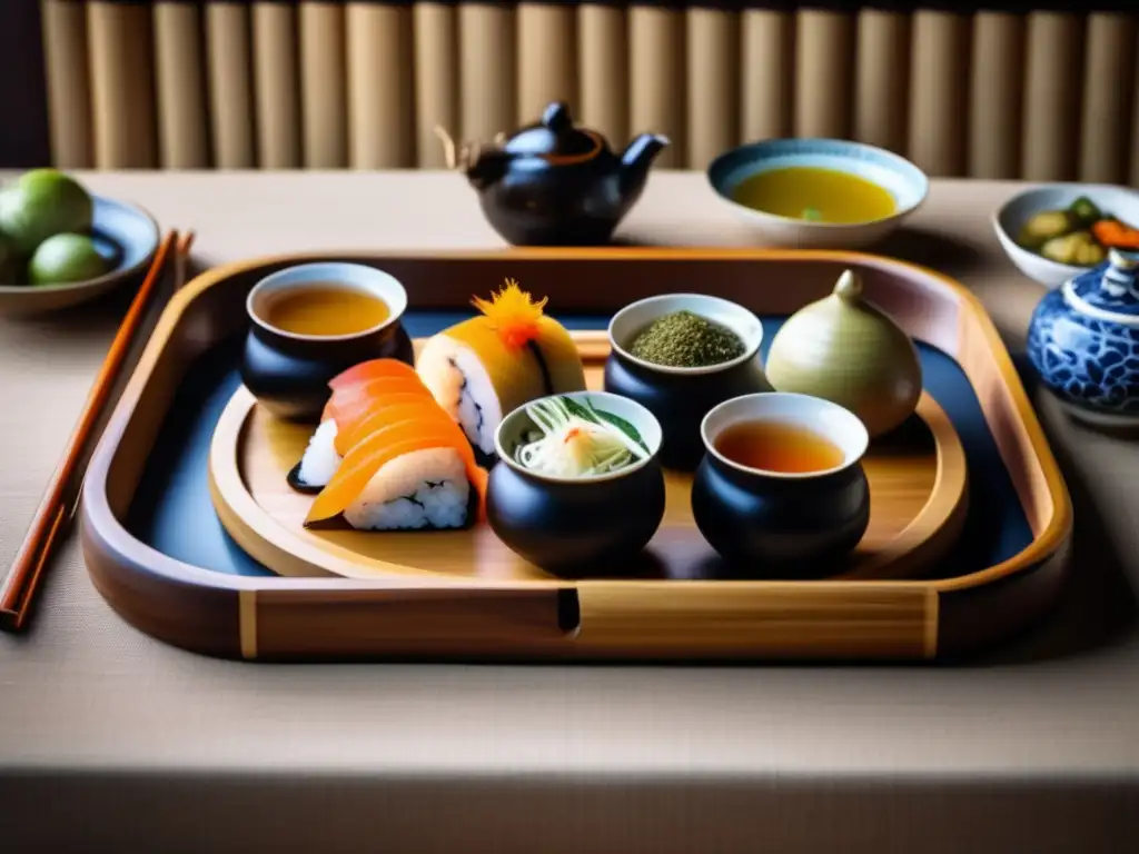 Maridaje de comida asiática con mate: plato de sushi, dumplings y noodles, gourd de mate vaporoso, tazas de té de porcelana y fondo de madera rústica