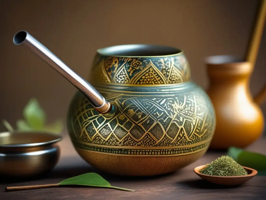 Maridaje del mate con alimentos: Exquisita imagen vintage de mate y bombilla con yerba mate en gourd artesanal