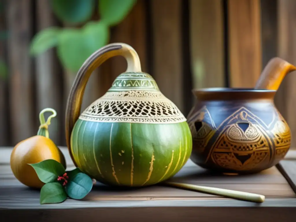 Maridaje vinos yerba mate cena con gourd, bombilla y mesa de madera vintage