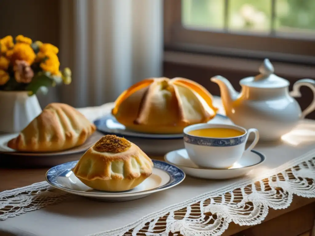 Maridajes perfectos mate amargo en una mesa vintage con tazas y platillos de porcelana, mate amargo y empanadas argentinas