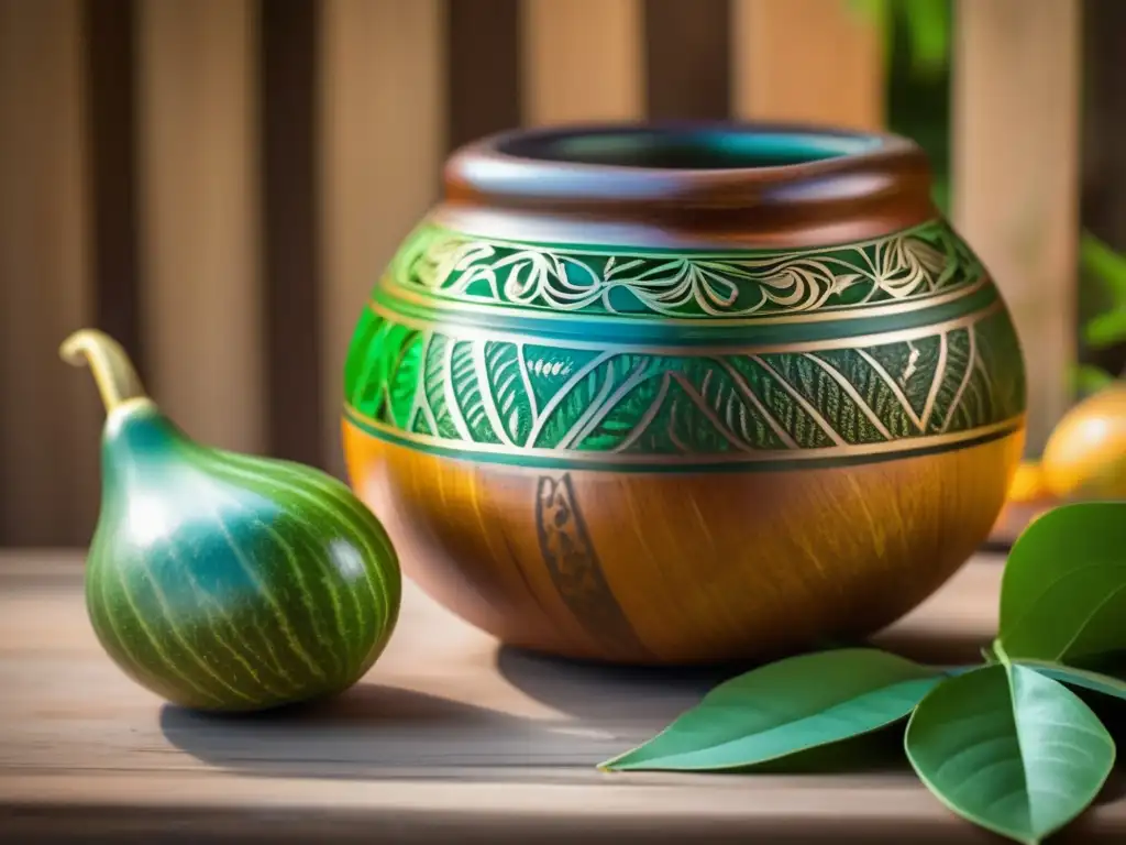 Mate gourd and bombilla, surrounded by yerba mate leaves