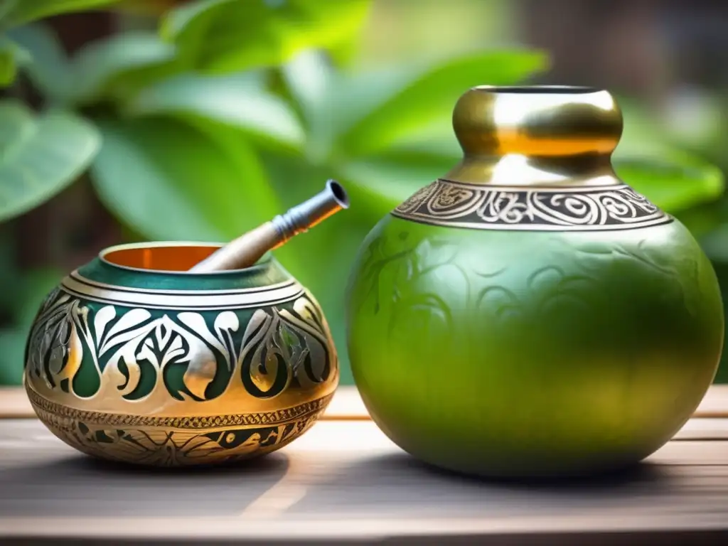 Mate gourd and bombilla on wooden table, surrounded by yerba mate leaves