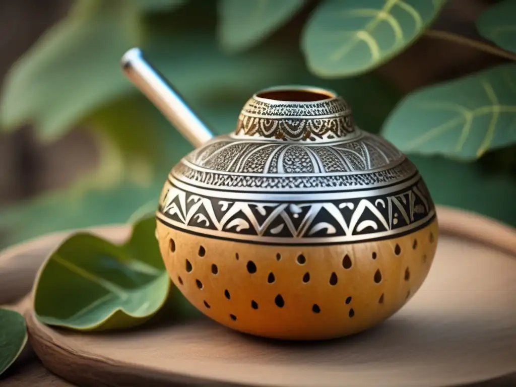 Mate gourd with vintage style: Yerba mate leaves, engraved silver straw, antique wooden table