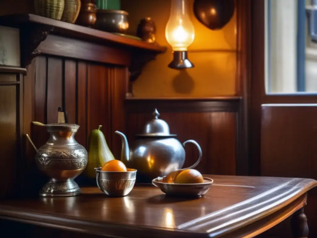 Cozy corner of a vintage café in Buenos Aires, showcasing traditional mate set