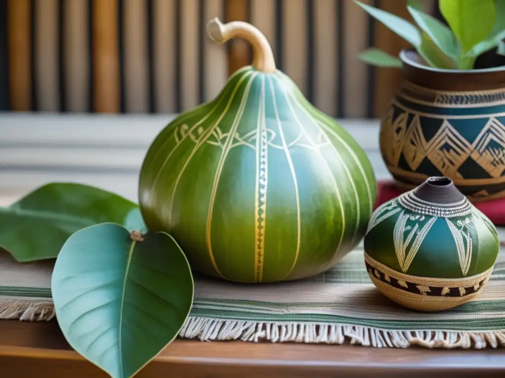 Mate gourd with yerba mate leaves, vintage bombilla, indigenous symbols, and warm sunlight