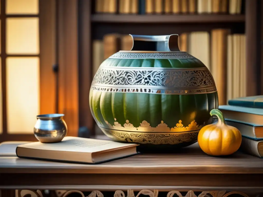 Mate gourd and bombilla with traditional silver accents, surrounded by books and typewriter