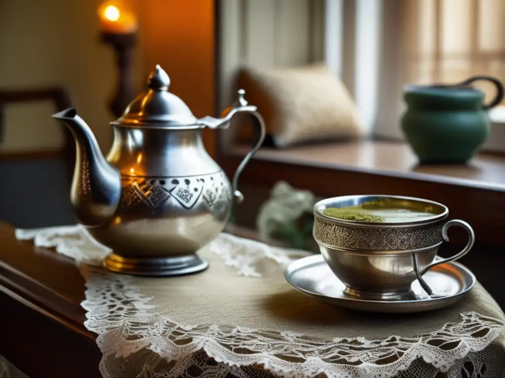 Tradición del mate en Europa: Café acogedor con mesa adornada con mantel de encaje, mate de plata y bombilla vintage