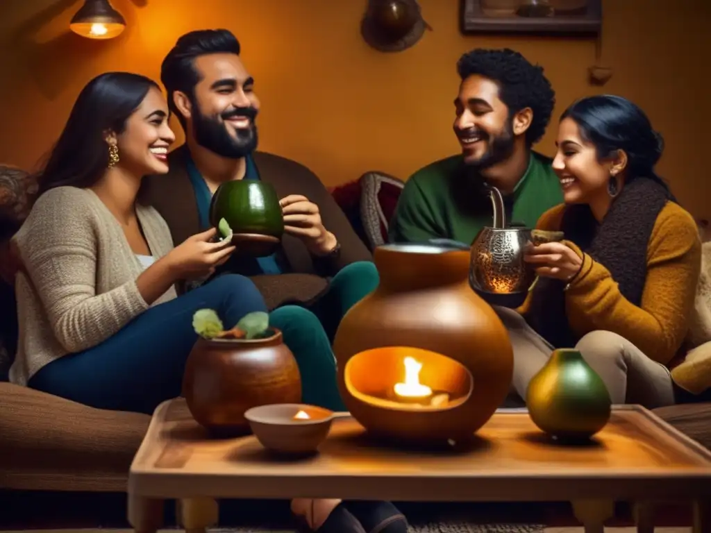 Preservando la tradición del mate en una acogedora sala con amigos disfrutando de la compañía y el mate