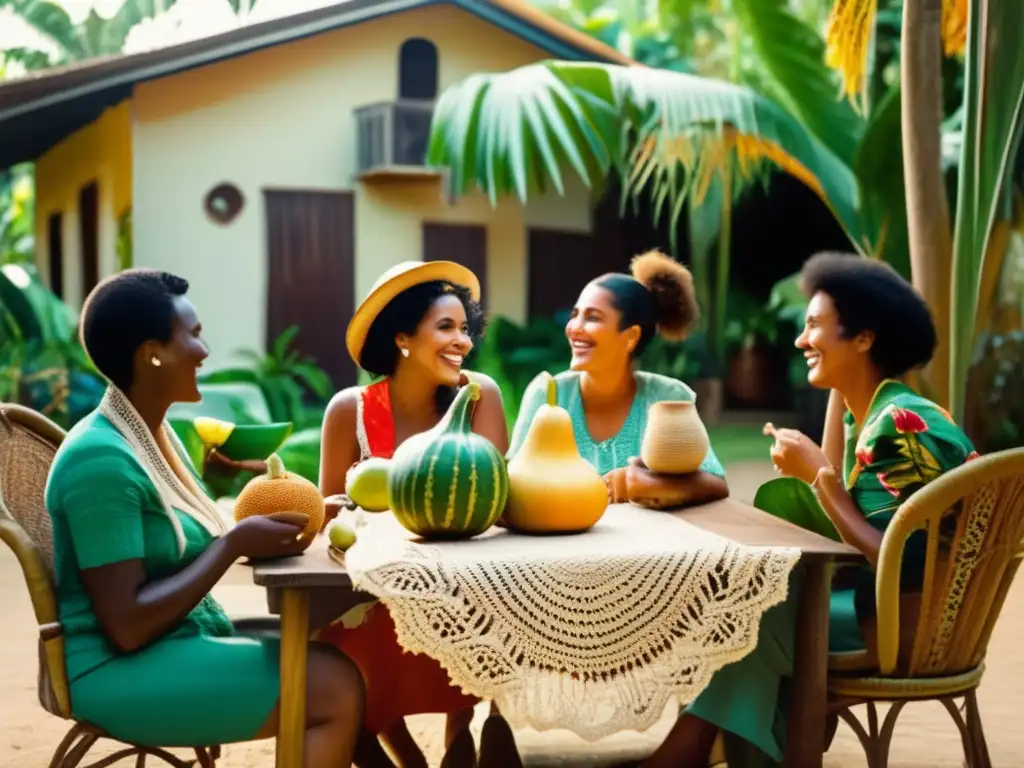 Tradición del mate en Brasil: escena acogedora en un jardín tropical, amigos disfrutan de mate y conversación en sillas vintage