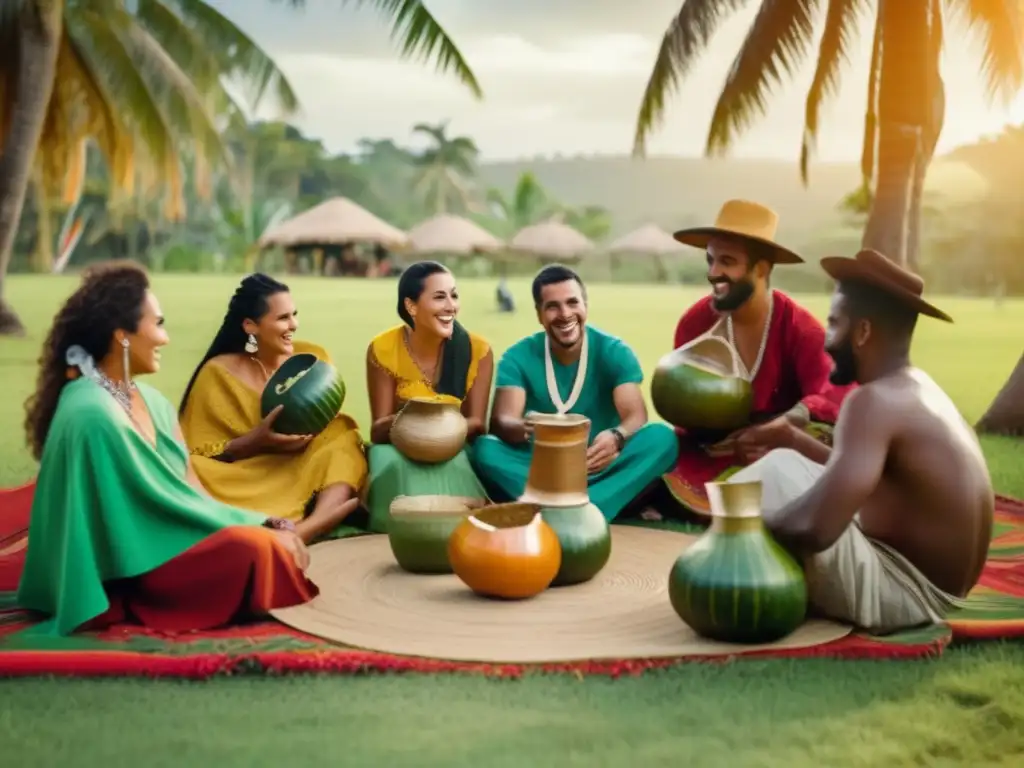 Tradición del mate en Brasil: Reunión al aire libre con gente vestida tradicionalmente, disfrutando de mate en un campo verde con palmeras