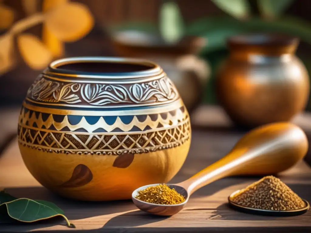 Mate amargo: gourd, yerba mate y cuchara en mesa de madera con hojas secas y rayos de sol, evocando tradición y sabores regionales