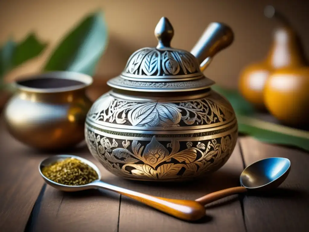 Cómo preparar mate amargo correctamente: tradicional mate con yerba, cuchara de plata y mesa de madera