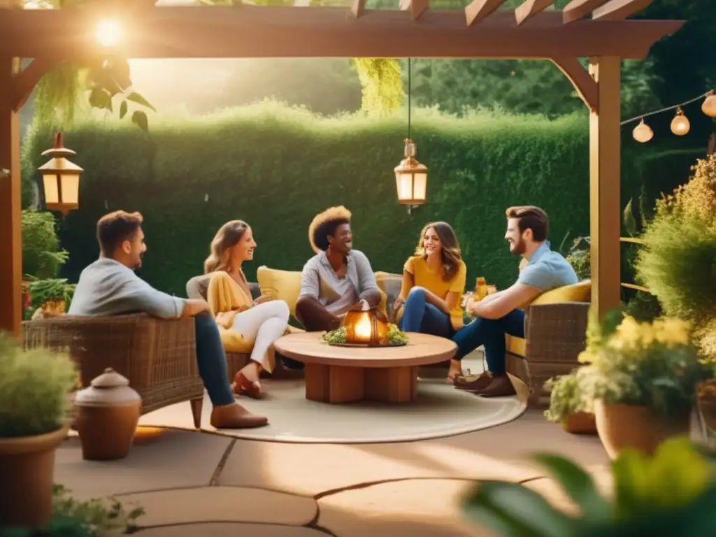 Preservando la tradición del mate: amigos disfrutando de una charla animada en un patio rodeado de vegetación, con mate y sol radiante