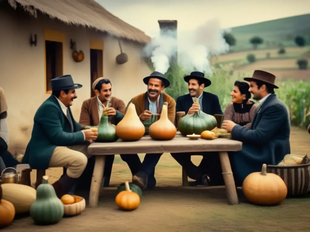 Tradición del mate en la región: amigos compartiendo mate en un patio rústico con luz dorada, gourds y bombilla