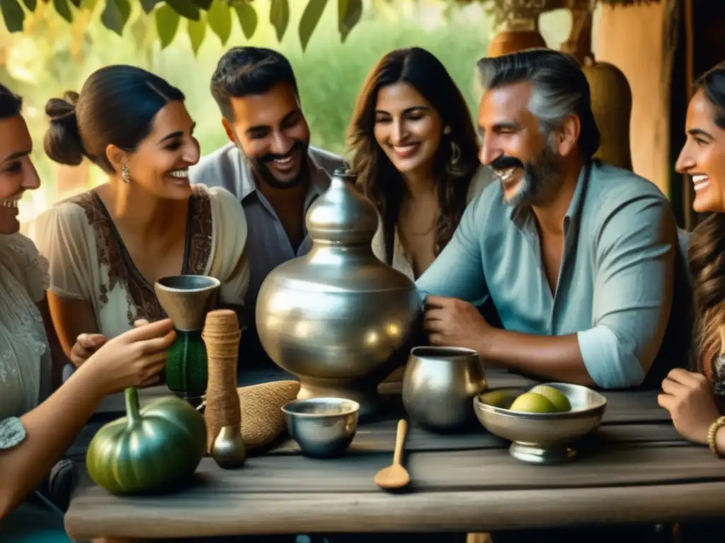 Tradición del mate: amigos disfrutan de una reunión en un patio rodeado de naturaleza, preparando mate con arte y añoranza