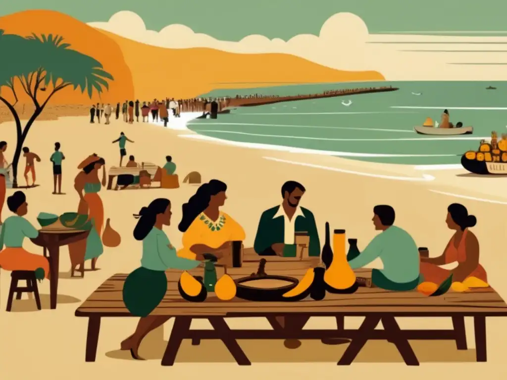 Tradición del mate en la costa: ilustración vintage de una animada escena de playa a lo largo del Río de la Plata