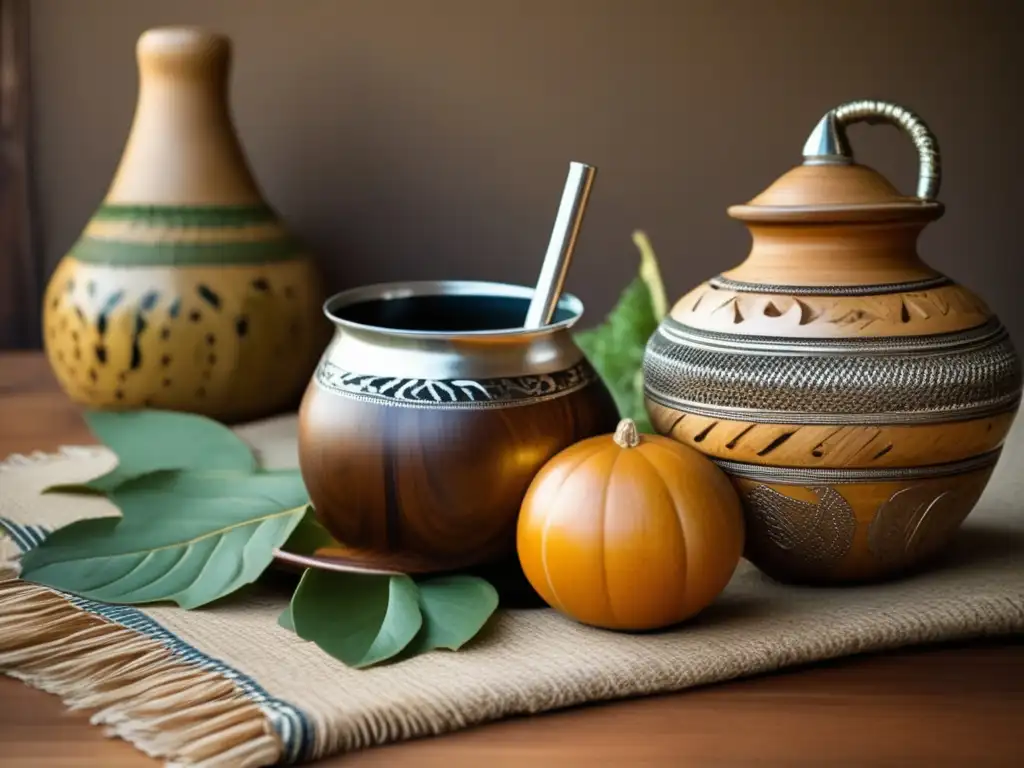 Tradición del mate en la región: antigua mesa de madera con mantel tejido gauchesco