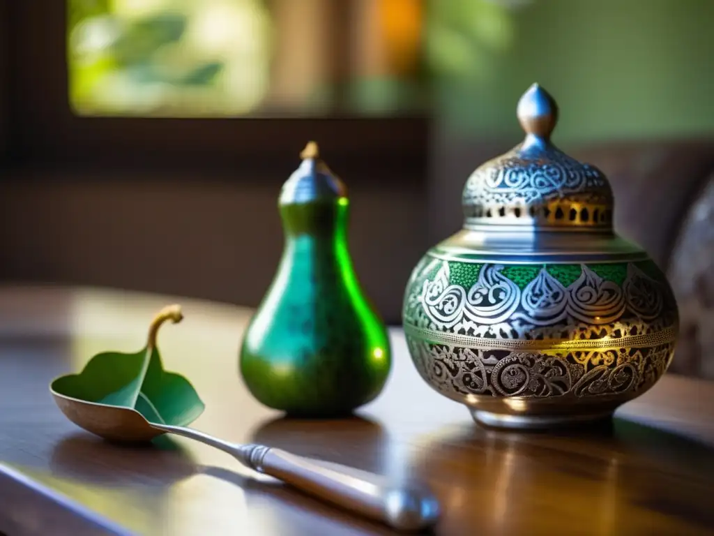 Tradición del mate en la región rioplatense: antiguo mate de plata sobre mesa de madera con bombilla de plata y vapor de yerba mate