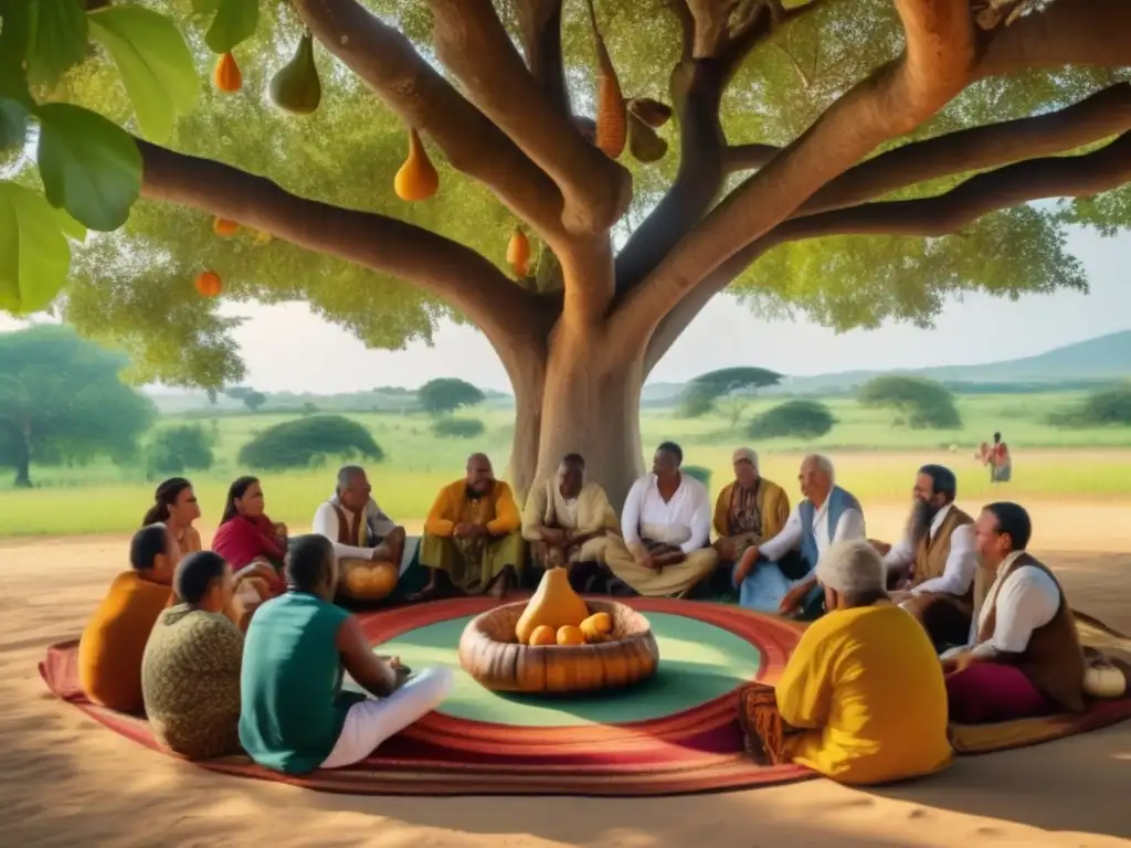 Tradición del mate en la región rioplatense: reunión bajo árbol con tereré, conversación animada y camaradería