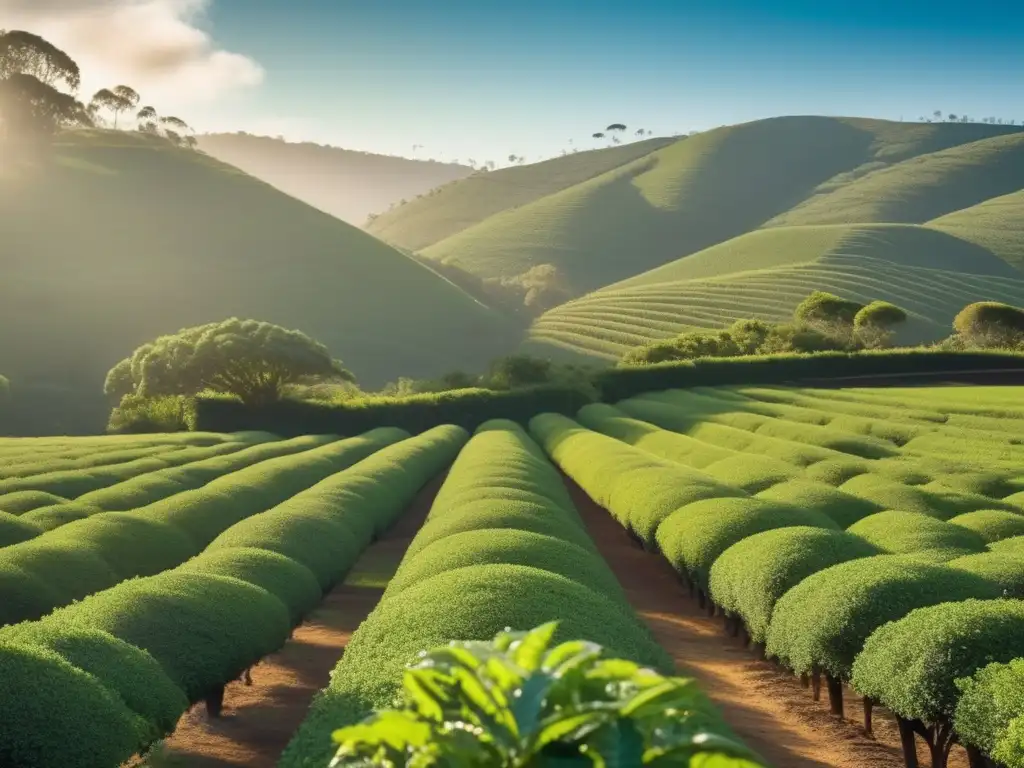 Plantación de yerba mate con árboles altos y hojas verdes