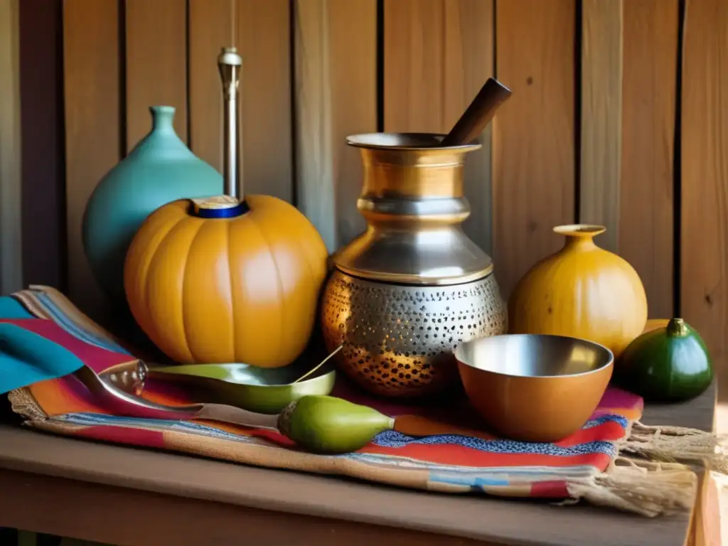 Tradición del mate en Argentina: Escena familiar con mate, gourd, bombilla y mantel colorido en cocina rústica con luz suave y risas