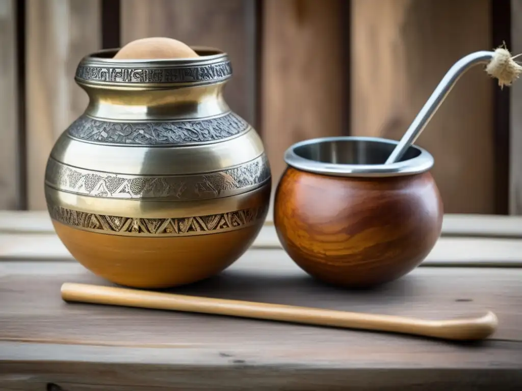 Mate argentino: gourd, bombilla y mate de madera en mesa rústica