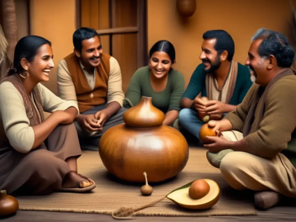 Tradición del mate en el arte: amigos disfrutando de una reunión en un ambiente acogedor con mate y risas