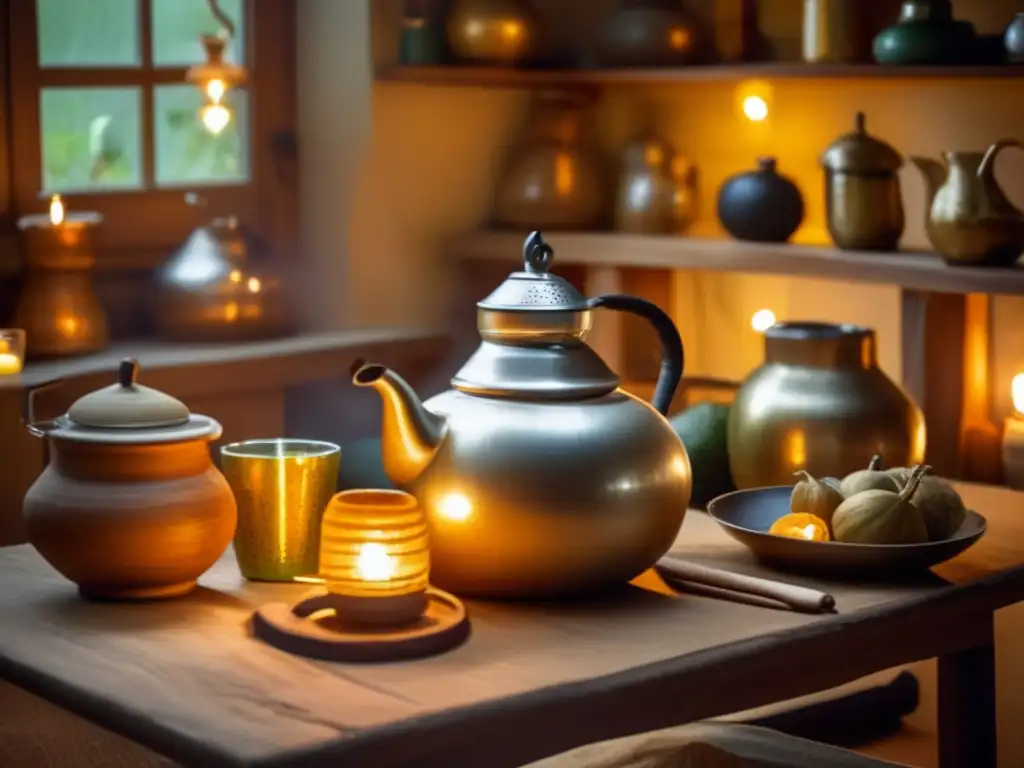 Tradición del mate en el arte: Escena de cocina rústica con amigos disfrutando del mate