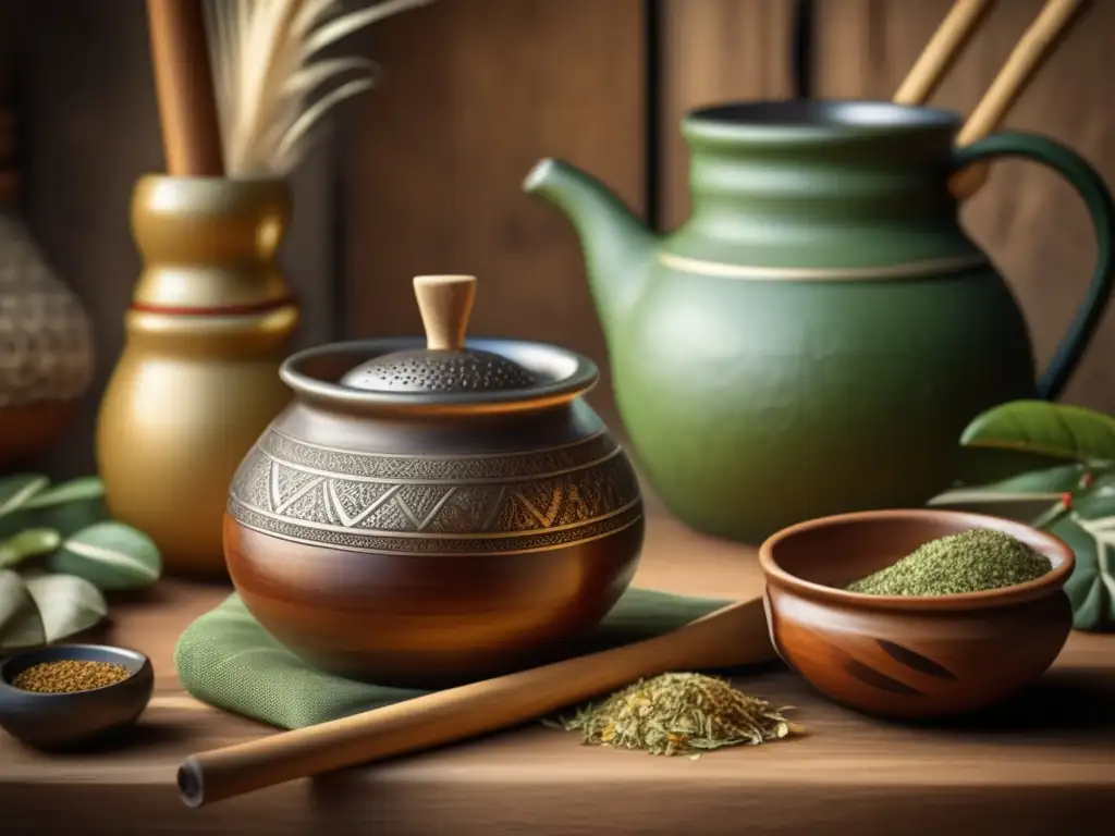 Tradición del mate en el arte: Escena vintage de preparación tradicional de yerba mate en una acogedora cocina rústica con tonos cálidos