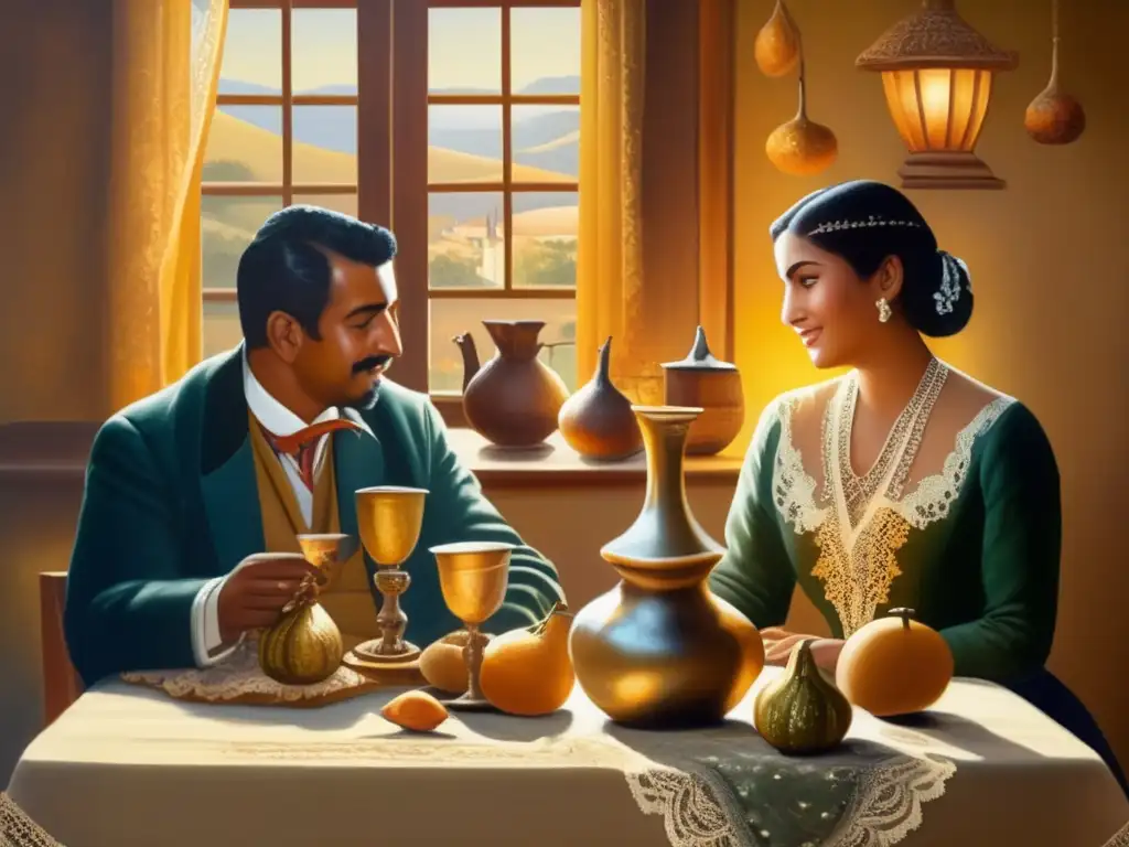 Tradición del mate en el arte: Pintura vintage de escena rioplatense de mate, con detalle y calidez