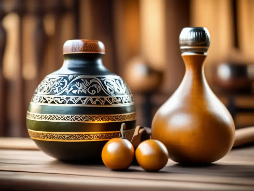 Mate y artes marciales internacionales en una imagen vintage de mate y bombilla en una mesa de madera rústica