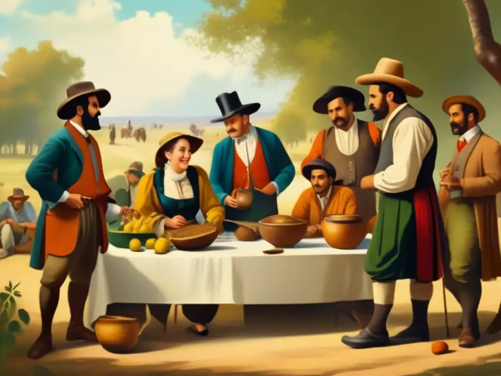 Tradición del mate en artes visuales: Pintura vintage de una reunión tradicional de mate