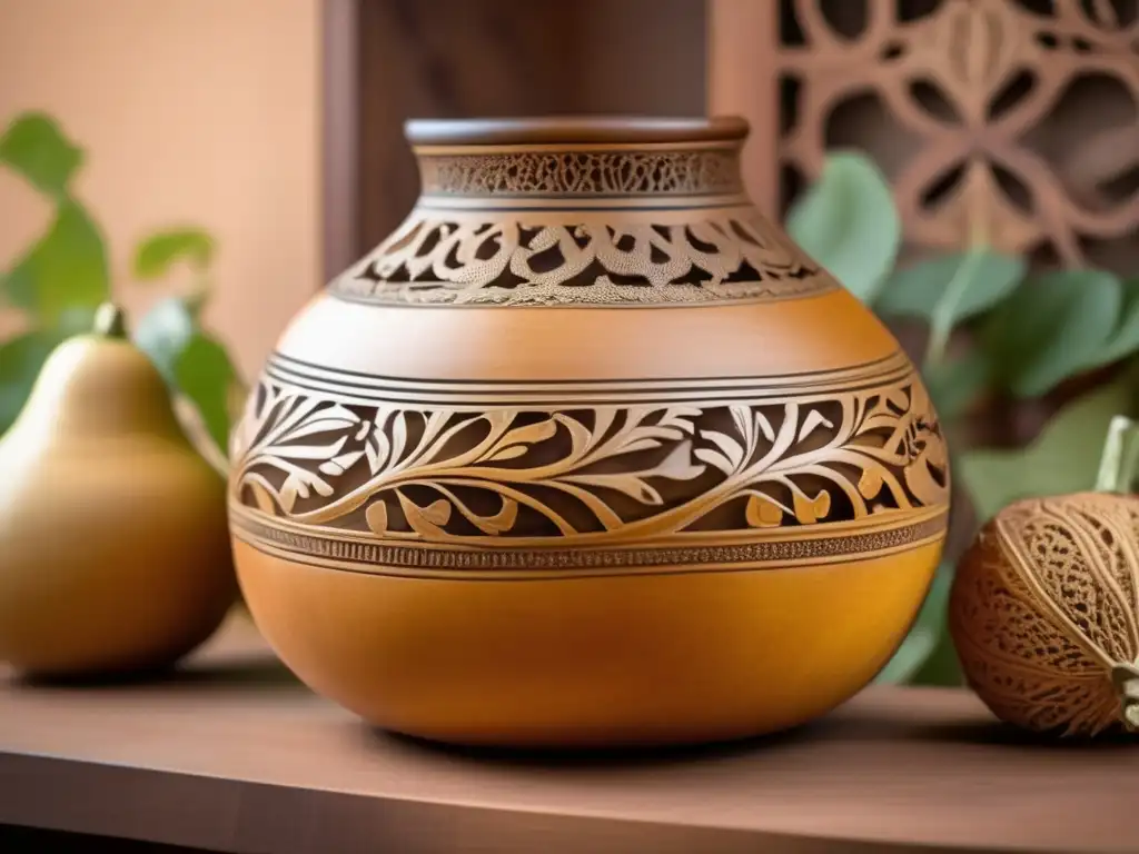 Mate artesanal con diseños naturales: gourd vintage con detalles orgánicos, hojas, flores y viñas, evocando autenticidad y belleza