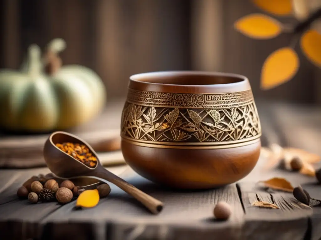 Mate artesanal con diseños naturales en rustic mesa de madera, hojas secas y tazón de mate de gourd tallado con detalles orgánicos