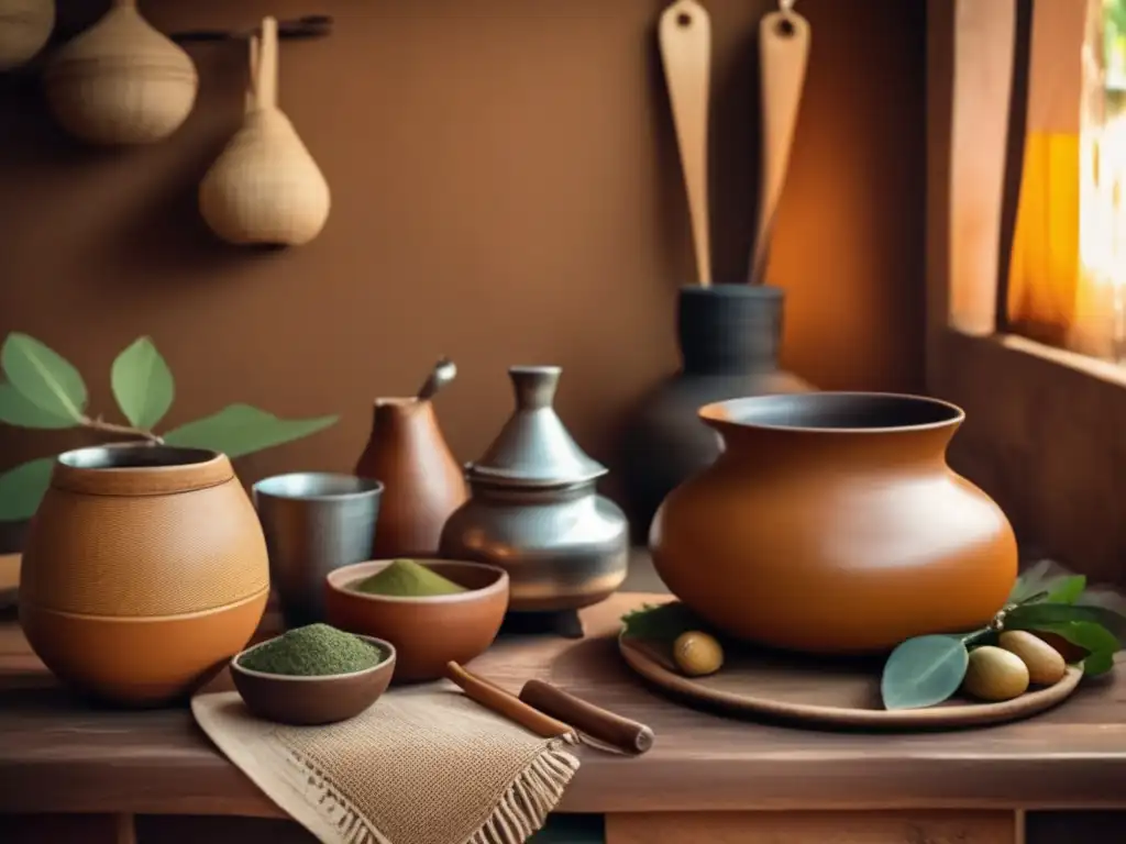 Tradición del mate en aulas: Ceremonia del mate rioplatense en una cocina rústica, con gourd y bombilla en una mesa de madera rodeada de yerba mate y una estufa de barro iluminando la escena