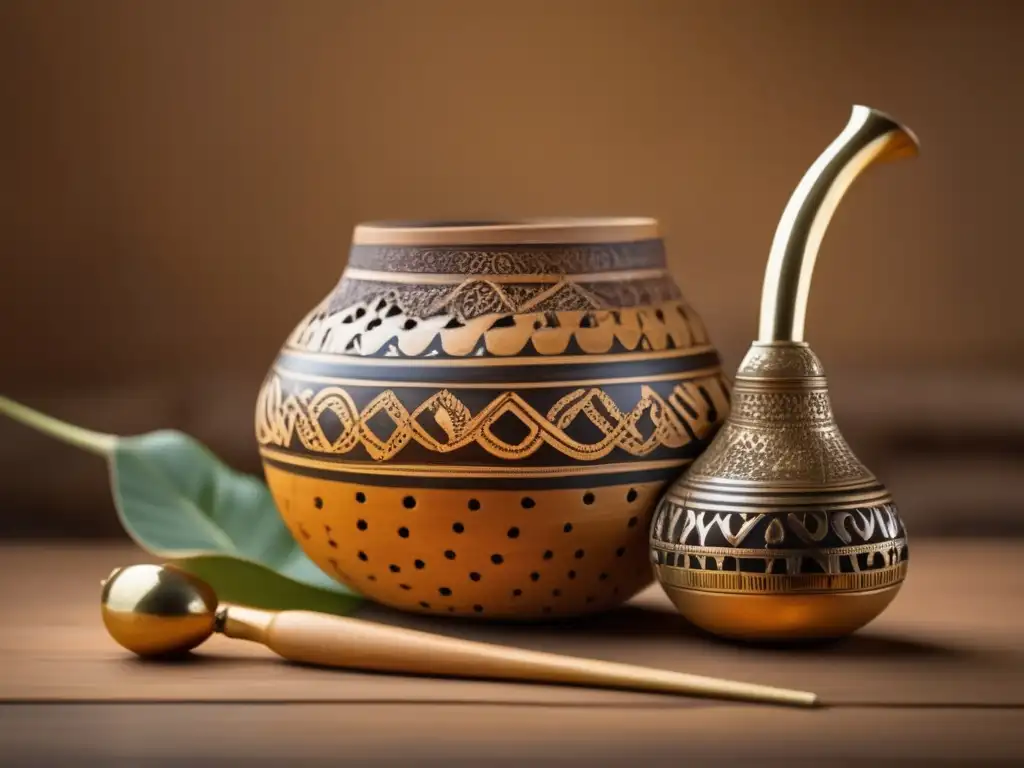 Tradición del mate en aulas: Imagen vintage de una mate gourd y bombilla con detalles artesanales y simbolismo cultural